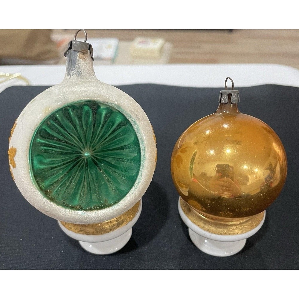 Vintage Poland Original Caps Glass Ornaments. One Deep Indented & One Small Gold